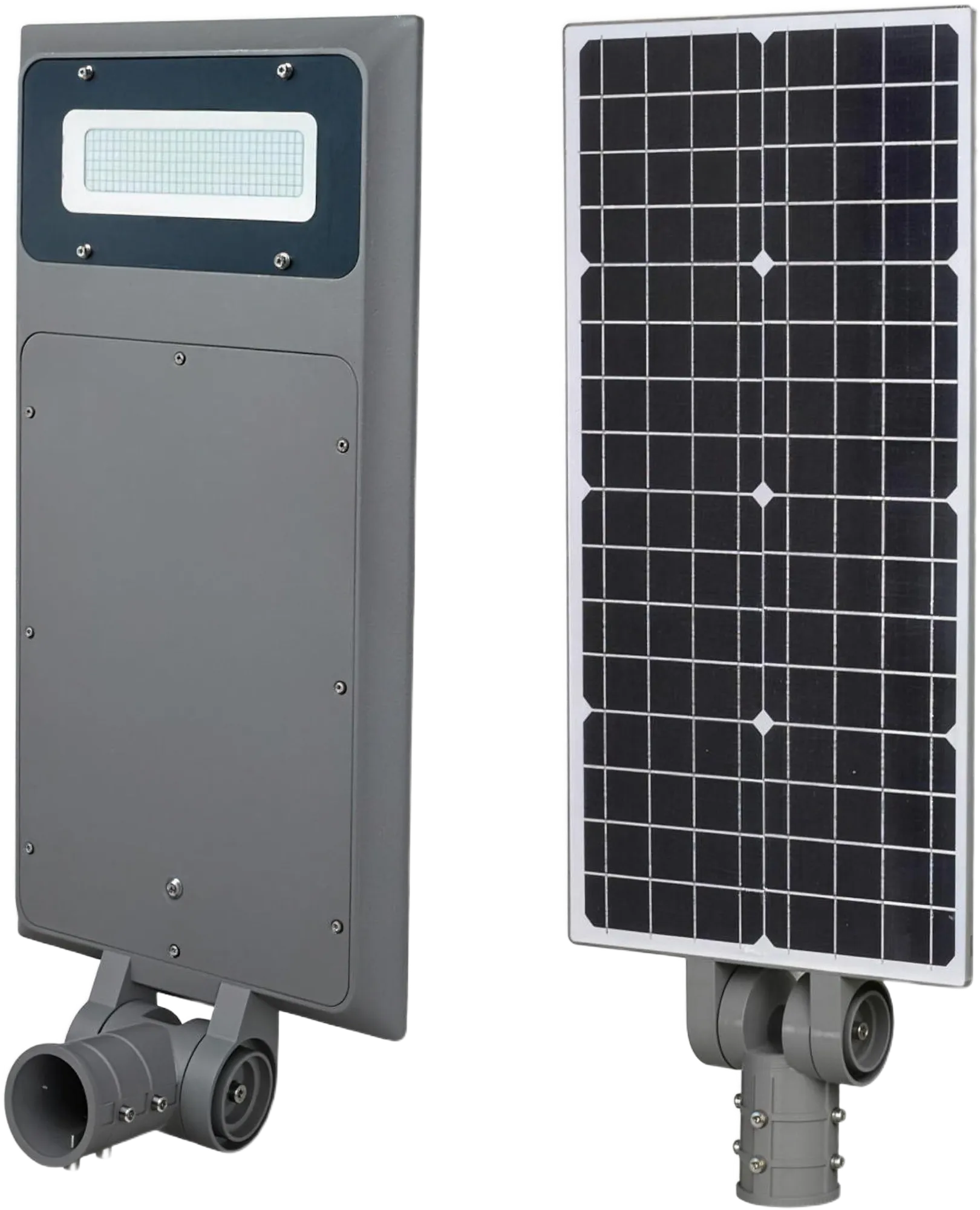 Farola solar vista por debajo (LED) y por encima (panel solar)