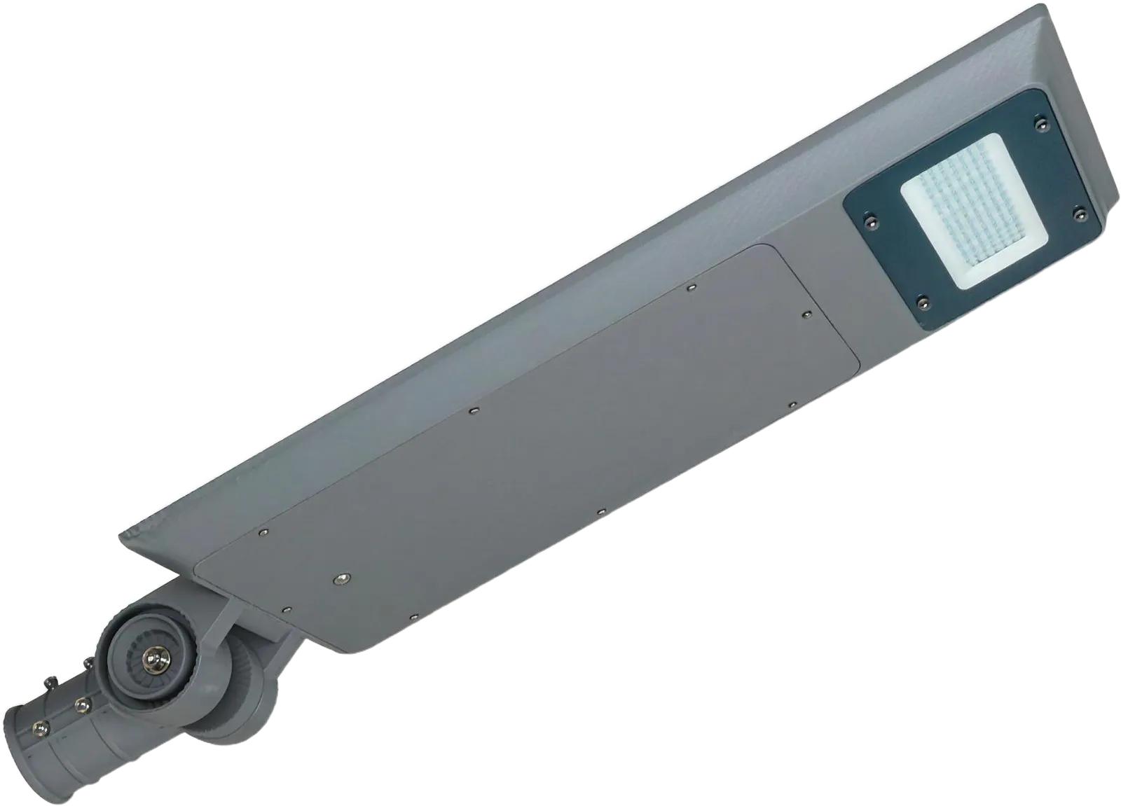 Farola solar de 40 W, vista lateral con el cuerpo inclinado y el LED